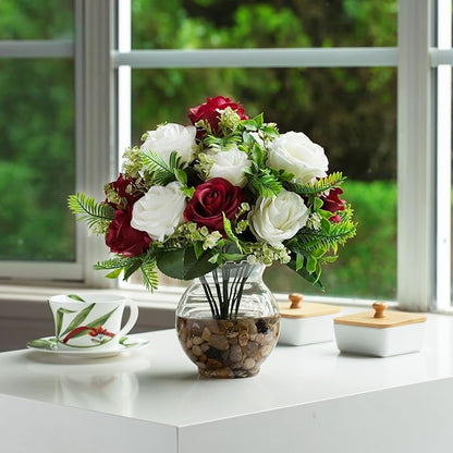 ENOVA FLORAL 18 Heads Silk Rose Artificial Flowers in Vase,Faux Rose Flowers Arrangement in Round Bowl Vase with Faux Water and River Rock for Table Decor Centerpieces (Burgundy Cream)