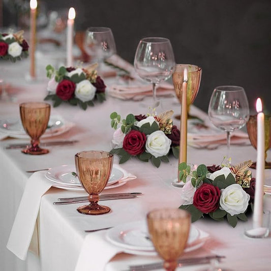 BLOSMON Artificial Flowers Ball Wedding Centerpieces 10 Pcs Burgundy Rose Artificial Flower Center Pieces Decoration for Table Silk Kissing Ball Faux Floral Bouquet Arrangements Home Party DIY Decor