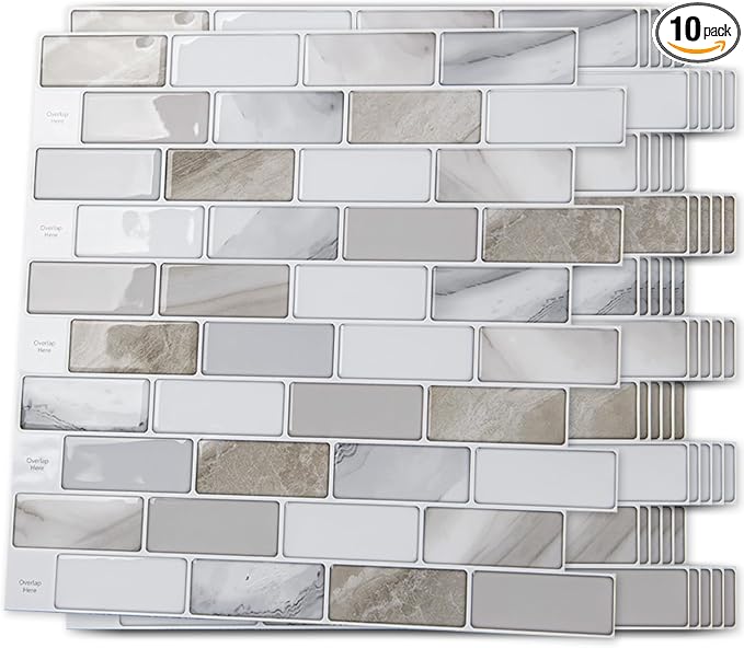 Art3d 10-Sheet Peel and Stick Backsplash Tile for Kitchen - 12”×12” Stick on Wall Tile for Kitchen Bathroom Countertop Living Room, Beige & White
