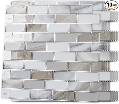 Art3d 10-Sheet Peel and Stick Backsplash Tile for Kitchen - 12”×12” Stick on Wall Tile for Kitchen Bathroom Countertop Living Room, Beige & White