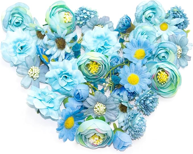 Mini Silk Flower Heads Craft Flowers Faux Daisy, 40 Pcs Artificial Flowers Fake Rose for Crafts, Artificial Daisies Flower Heads Small Flower for Wedding Party Cap Hair Decoration (Light Blue)