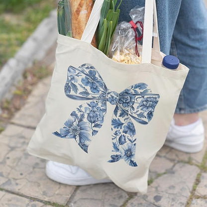 Blue and White Chinoiserie Prints Canvas Tote Bag for Women, Reusable Folding Shopping Bags with Handles