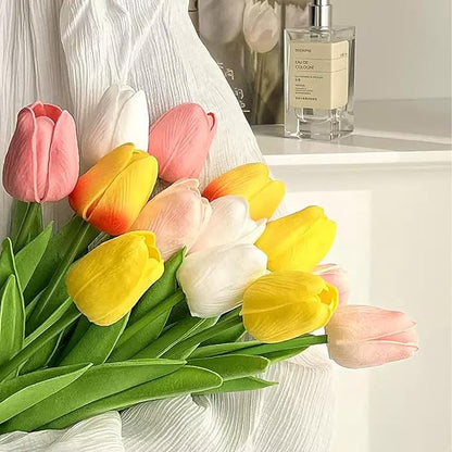 15PCS Artificial Tulips Flowers,Real Touch 14" Silk Fake Tulips,Bulk Fake Flowers,Faux Flowers,Artificial Flowers for Home Kitchen Office Dining Room Wedding Decorations (Colorful)