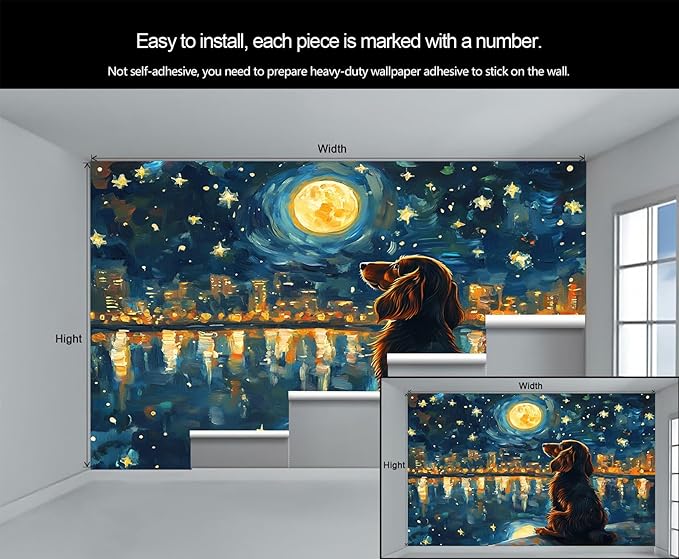 KIREUPA Dog and Moon Night Sky Wall Mural, Starry Night Cityscape 3d Wall Murals, Nighttime Dog Reflection Wallpaper Mural, for Living Room Bedroom Large Wallpaper Indoor Decor 177.16" W x120 H
