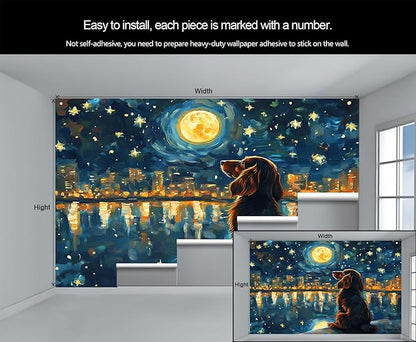 KIREUPA Dog and Moon Night Sky Wall Mural, Starry Night Cityscape 3d Wall Murals, Nighttime Dog Reflection Wallpaper Mural, for Living Room Bedroom Large Wallpaper Indoor Decor 78.7" W x55.1 H