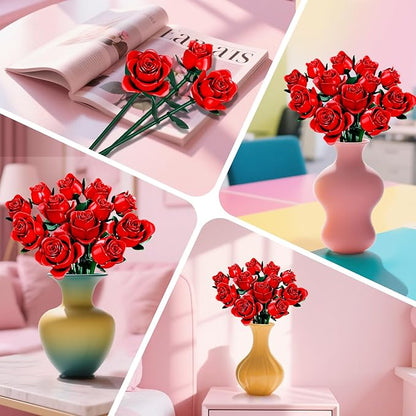 Flowers Bouquet Building Set, 12 Artificial Red Roses Botanical Collection Building Block Educational Toys Gift for Girls Kids Women Valentines Mothers Day Christmas Birthday Gift, 634 PCS