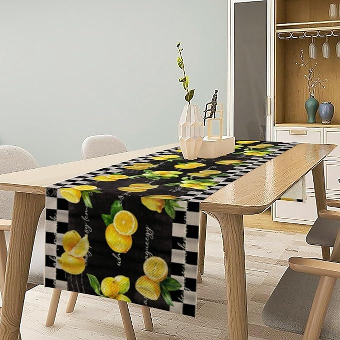 Lemon Table Runner , Summer Yellow Fruits Green Leaves Kitchen Dinning Table Decoration for Indoor Outdoor Home Party Decor 13x90 Inch