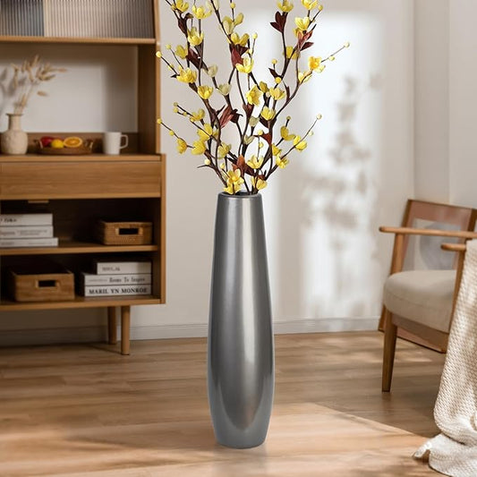 Silvery Ceramic Tall Floor Vase,17.7 Inch Large Modern Flower Vases for Home Décor,Wicker Big Floor Vases Decorations for Farmhouse, Living Room,Bedroom,Standing Plastic Vase Decorative Tall