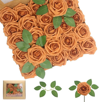 50Pcs Artificial Flowers Gold Sparrow Roses Real Looking Foam Fake Roses with Leaves for DIY Wedding Bouquets Bridal Shower Party Decorations (Gold Sparrow, 50)