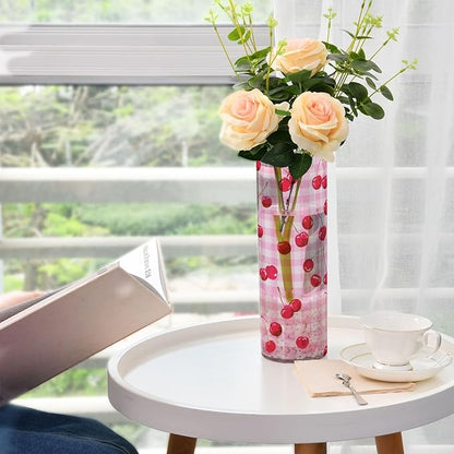 Flower Vase Clear Plastic Cylinder Vases Decor for Centerpieces Home Storage Office Weddings Pink Juicy Checkered Cherry 11.8 x 3.9 in