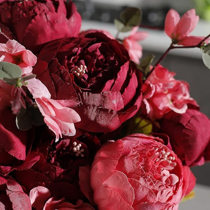 Fule 2 Pack Large Artificial Peony Silk Flower Bouquets Arrangement Wedding Centerpieces (New Dark Red)