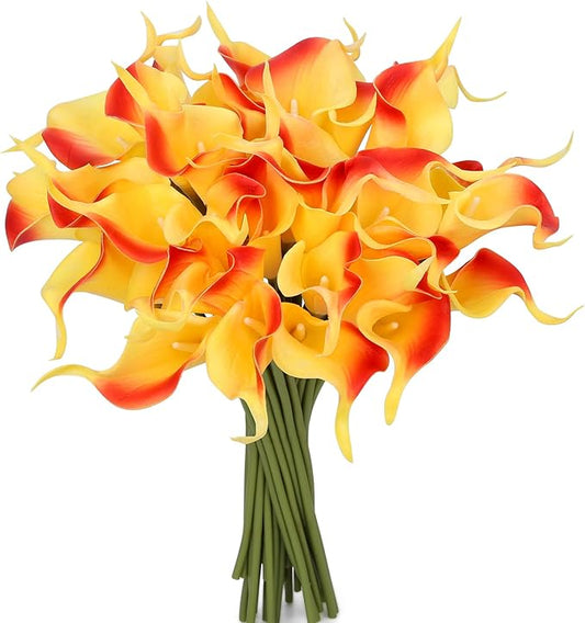 24 Pcs Orange Artificial Calla Lily Flowers Fake Orange Silk Flowers Real Touch for Wedding Bouquet Office Home Kitchen Decor