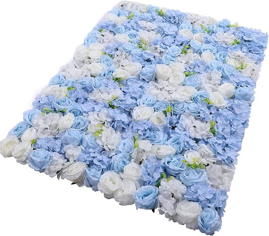 4pcs 3D Artificial Flower Wall Panels - Blue White Backdrop 24 x 16 Inch - Realistic Fake Flower Background Decor for Wedding, Birthday Party and Baby Shower