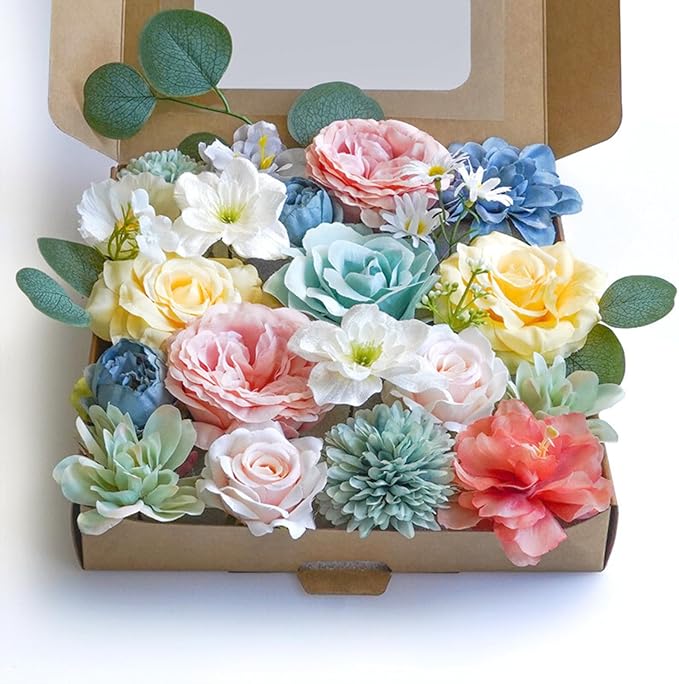 ASTRYAS Artificial Flowers Combo Fake Roses Silk Peonies Colorful Flowers for DIY Wedding Bridal Bouquets Table Centerpieces Floral Arrangements Party Baby Shower Home Decor - Sege Green/Yellow/Pink