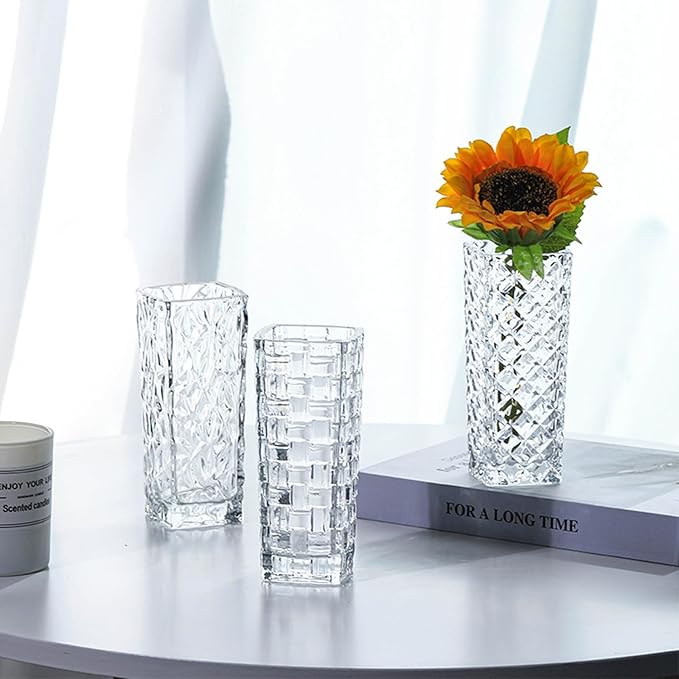 Clear Glass Vase for Flowers Esmiome Square Embossed Rectangle 6in High Glass Bud Vases Small Vase for Flowers Plant Terrarium Candle Holder Water Glasses for Wedding Centerpiece Office Table, Rhombus