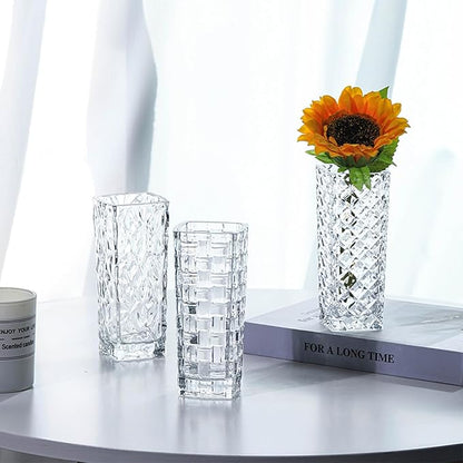 Clear Glass Vase for Flowers Esmiome Square Embossed Rectangle 6in High Glass Bud Vases Small Vase for Flowers Plant Terrarium Candle Holder Water Glasses for Wedding Centerpiece Office Table, Rhombus