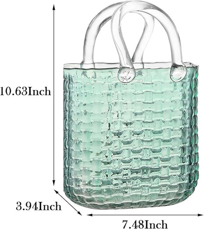 Glass Purse Vase for Flowers, Green Purse Flower Vase, Wide Mouth Glass Bag Vases, 10 Inch Large Handbag Shaped Vases for Home, Office Decor