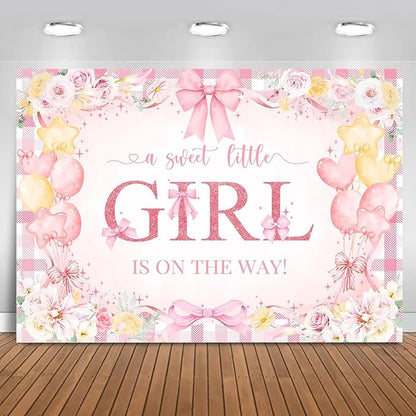 Mocsicka Bow Baby Shower Backdrop Pink Floral Baby Girl Shower Photo Background Banner Sweet Little Girl on The Way Decorations for Baby Shower Party Supplies Photo Props (6x4ft (72x48 inch))