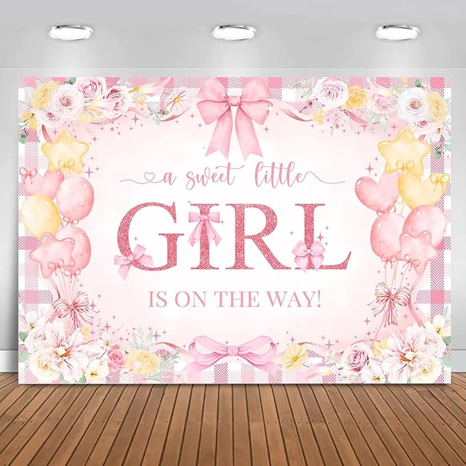 Mocsicka Bow Baby Shower Backdrop Pink Floral Baby Girl Shower Photo Background Banner Sweet Little Girl on The Way Decorations for Baby Shower Party Supplies Photo Props (10x7ft (120x82 inch))