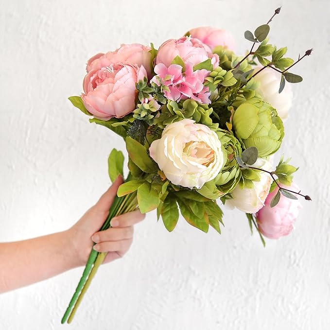 FiveSeasonStuff 2 Bundles Pink Beige Green (Spring Waltz) Peonies Artificial Flower Bouquet