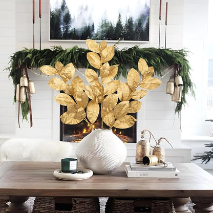 Briful Gold Magnolia Leaves Branches, 3 Pack 28.7in Faux Magnolia Leaves Stems Artificial Christmas Greenery Branches for Xmas Home Vase Floral Arrangement