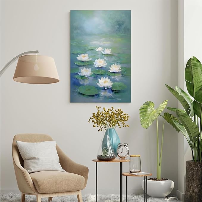 Zen wall art Delicate white lotus flower floating on calm water Vintage oil painting print Serene aquatic wall art creates a tranquil home decor 32x48in Frameless