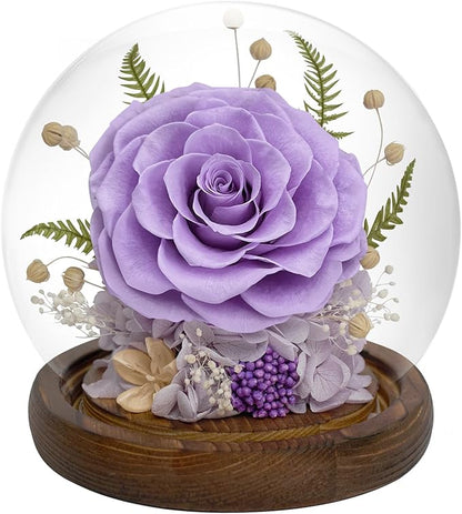 Preserved Rose Forever Flower in Glass - Birthday Gifts for Women Mom, Real Flowers for Delivery Prime | Rose Gift for Grandma Wife Sister Friend (Purple)