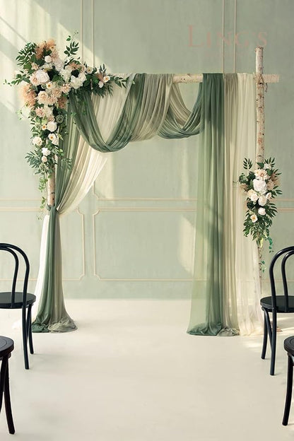 Ling's moment Wedding Arch Flowers with Sheer Drapes Kit - Artificial Spring Green Rose Floral Arrangements for Ceremony Backdrop, Arbor Decor, 5-Piece Set (2 Flower Stems + 3 Hanging Drapes)
