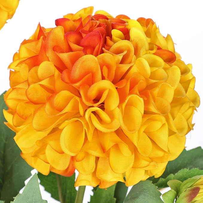 Hollyone 5PCS Dahlia Fall Flowers Artificial for Decoration 24.8" Orange Fake Ball Dahlias Autumn Silk Flowers Arrangements Faux Roses Flower with Stems Bouquets Centerpieces Fall Decorations for Home