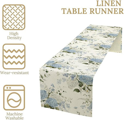 Blue Floral Table Runner, Spring Summer Watercolor Hydrangea Flower Butterfly Country Farmhouse Coffee Table Center Decor for Home Kitchen Dining Patio Holiday Party Table Decorations 13x108 inches