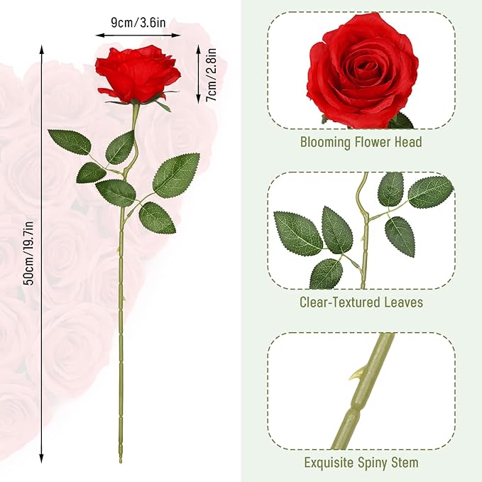 Waipfaru 16 Pcs Artificial Flowers Fake Silk Roses, Faux Real Touch Roses Bouquet with Long Stem for Wedding Party Home Decor (Red)