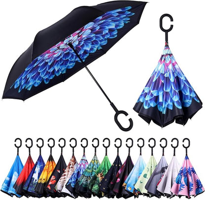 Inverted Umbrella, 49 Inch Double-Layer Vented Reverse Umbrella, Windproof Waterproof UV Protection, Lightweight C-Handle, Fiberglass Ribs, Steel Shaft, Travel/Commute/Car Use, With Sleeve