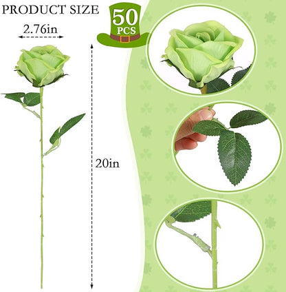 Hananona Artificial Roses in Bulk, Fake Silk Roses Realistic Green Roses for Wedding Centerpieces Flower Arrangement St Patricks Day Home Decor (50, Light Green)