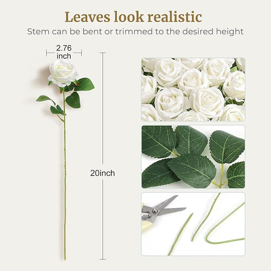 Auihiay 60PCS Artificial Roses Bulk, White Velvet Silk Fake Roses, Realistic White Flowers for Wedding Centerpieces, Bridal Bouquets, Home Decor, Baby Shower, Valentine's Day Party Decorations