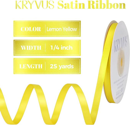 Lemon Yellow Satin Ribbon, Double Faced 1/4 Inch X 25 Yards Lemon Yellow Ribbon, Premium Satin Ribbon for Gift Wrapping, Crafts, Hair Bow Making, Sewing, Flower Bouquet, Wedding Party Decor