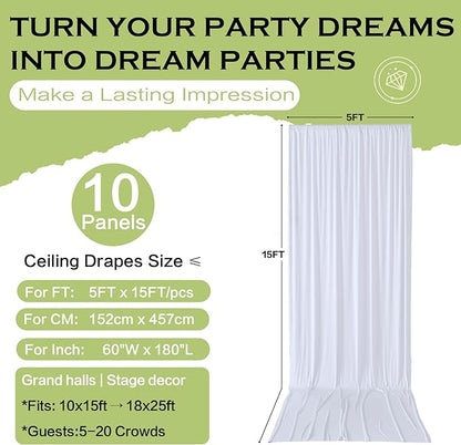 PartyVillage 50ft×15ft White Backdrop Curtain for Wedding Parties, 10 Panels Wrinkle Free 15 FT Long Polyester Photo Backdrop Drapes Back Drop Cloth for Birthday Photography Background