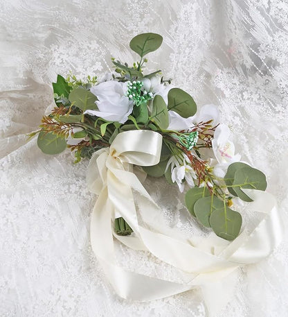 Artificial Bridal Bouquet, 11 Inch White Artificial Wedding Bouquets for Bride Bridal Bouquet Bridesmaid Bouquet Tossing Bouquet for Wedding Ceremony and Anniversary(White)