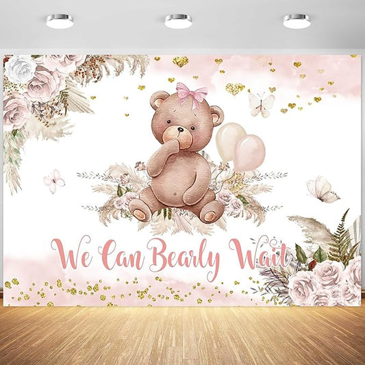 12x8ft Bear Baby Shower Backdrop Boho Pink Floral We Can Bearly Wait Photography Background It’s a Girl Baby Shower Party Banner Decorations Supplies Photo Booth Props