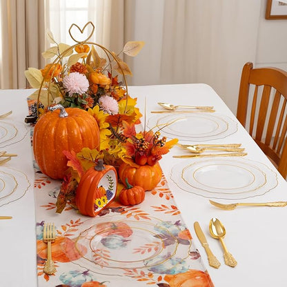 YOUBET 125PCS Thanksgiving Plastic Plates - Clear Gold Disposable Plates - 25 Guests Baroque Plastic Dinnerware Includes 25Dinner Plates, 25Dessert Plate, 75Silverware for Party & Wedding