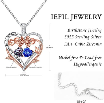 Iefil Rose Heart Double Birthstone Necklace Gifts for Wife Her Mom Women, Birthstone Jewelry Gemstone Birthday Gifts for Girlfriend Grandma Her Wife Women