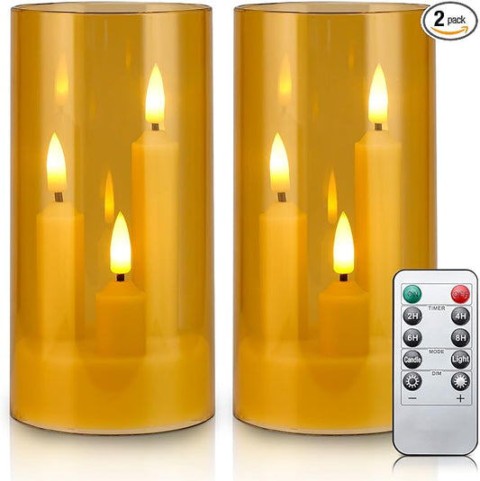 Enido Gold 2 Pc 3-in-1 Taper Flameless LED Candles with Remote, Battery Operated Acrylic Pillar Set, 3" x 6" Flickering Electric Lights for Cozy Home & Holiday Romantic Decor