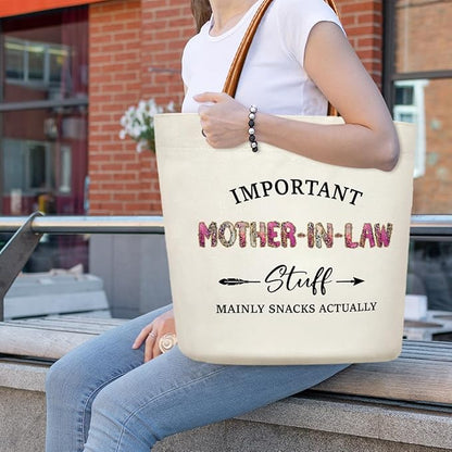 Canvas Tote Bag for Women, Important Stuff Bag with Leather Handle, Reusable Grocery Bags for Shopping Beach Travel