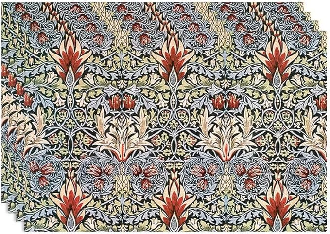 Vintage Flower Placemats Set of 4, William Morris Retro Boho Botanical Plant Place Mats, Heat Resistant Non Slip Cotton Linen Dining Table Mats for Home Kitchen Party 18x12 Inch