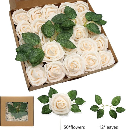Artificial Roses Flowers 50pcs Real Looking Foam Fake Roses with Stems for DIY Wedding Bouquets Bridal Shower Centerpieces Party Decorations (50, Champagne)