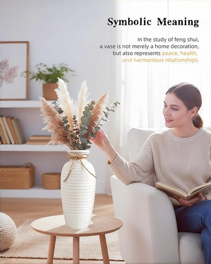 14.4 Inch Tall Ceramic Vase, Large Rustic Vintage Farmhouse Threaded Vases for House Book Shelf Office Coffee Desk Dining Fireplace,White