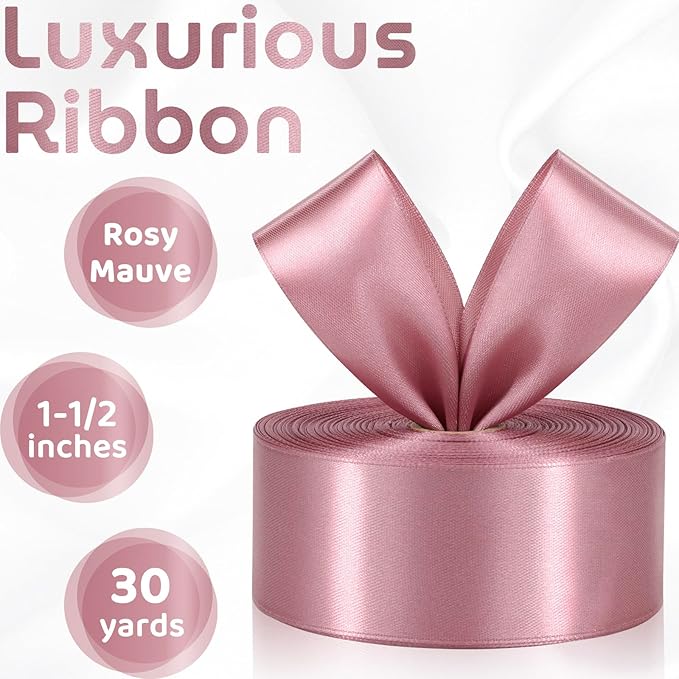Rosy Mauve Ribbon 1-1/2 Inch 30 Yards Mauve Pink Satin Ribbon for Flower Bouquet, Fabric Ribbon for Gift Wrapping Crafts Eternal Flowers Sewing Wedding Christmas