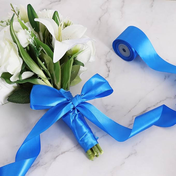 TONIFUL 2 Inch x 25 Yards Wide Blue Satin Ribbon Solid Fabric Ribbon for Gift Wrapping Crafts Chair Sash Eternal Flower Invitation Cards Hair Bows Sewing Party Wedding Decoration