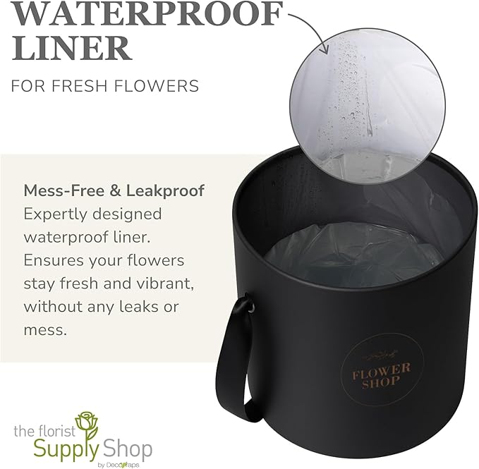 4 Flower Bouquet Hat Boxes | 2 Per Size Round Floral Arrangement Vase | Satin Ribbon Handle & Waterproof Liner | Gift Box for Flowers with Lids | Black