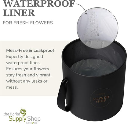 4 Flower Bouquet Hat Boxes | 2 Per Size Round Floral Arrangement Vase | Satin Ribbon Handle & Waterproof Liner | Gift Box for Flowers with Lids | Black