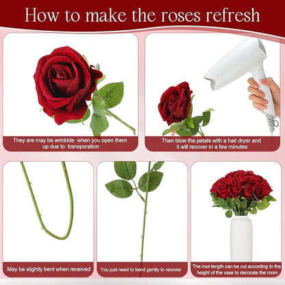 Jexine 50 Pcs Artificial Rose Flower Bulk Realistic Silk Fake Roses with Long Stem Plastic Artificial Flower Bouquet Real Looking for Home Wedding Centerpieces Party Decoration(Burgundy)